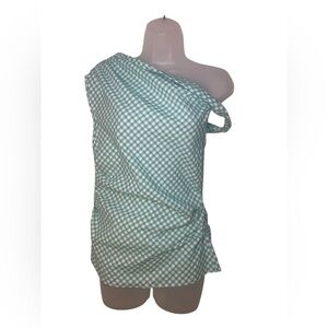 Amanda Uprichard One Shoulder Gingham Blouse | Green White | Size Small | NWOT S